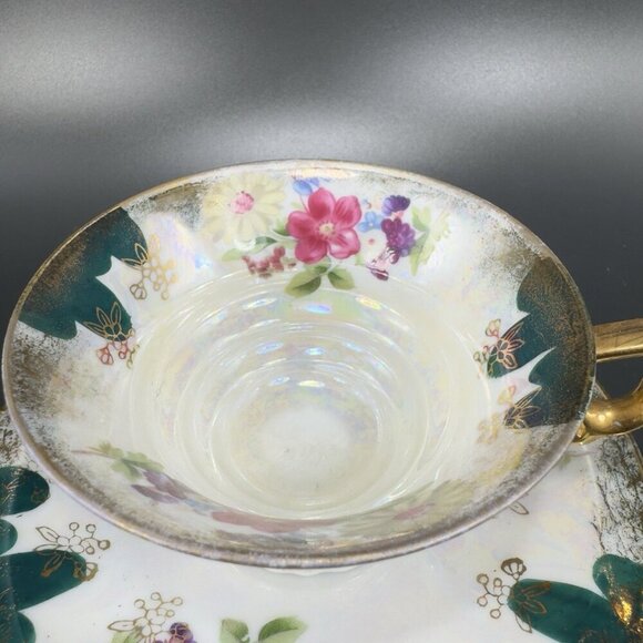 Vintage German Porcelain Teacup And Saucer Set Flower Pattern Gold Accent Decor - Picture 8 of 12